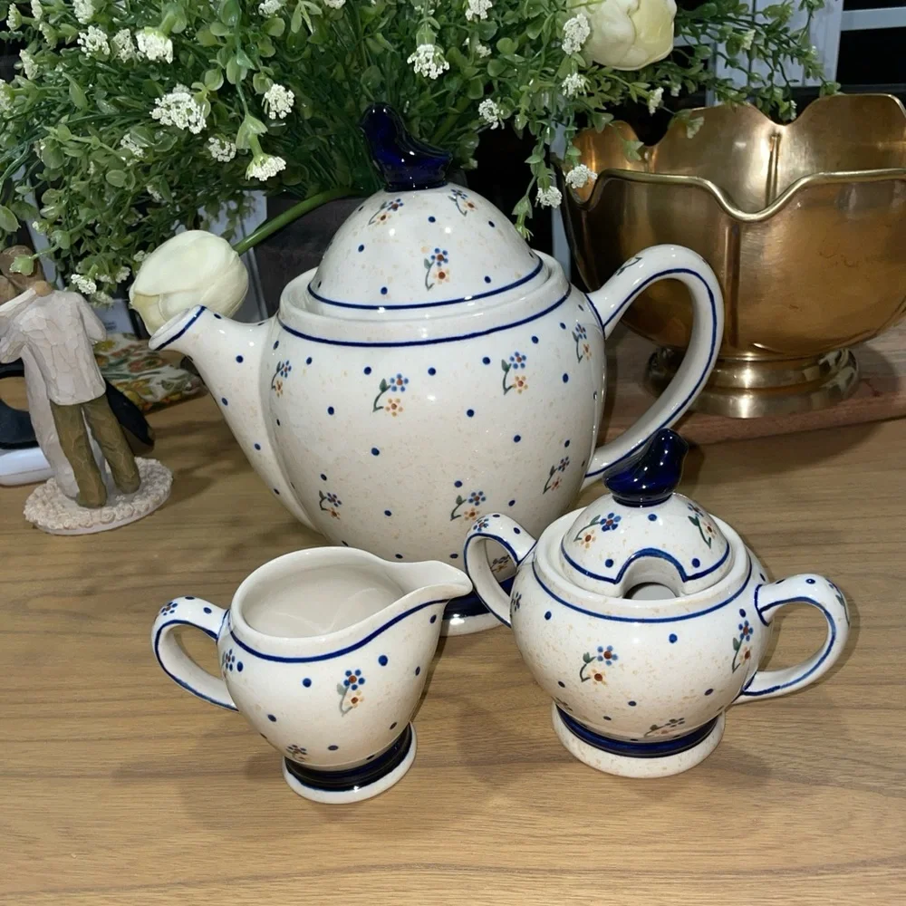 Blue Rose Polish Pottery Country Meadow 3 PC Coffee Pot Set with Bird Topper